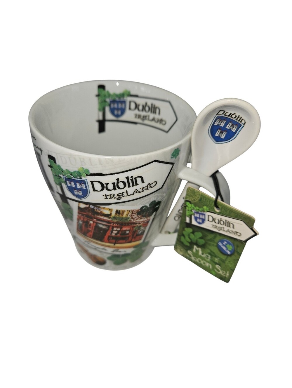 Dublin Ireland Souvenir Mug & Spoon Set - White with Green Accents